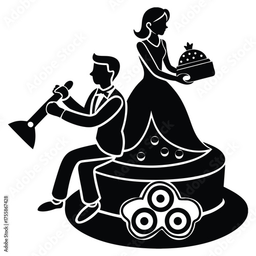 Couple on a cake with man playing clarinet wedding silhouette