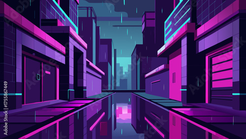 Neon Cyberpunk City Alley Rainy Reflections