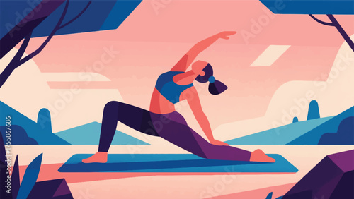Illustration Of Yoga Practitioner Holding A Complex Pose Outdoors, With Serene Expression And Flexibility Vector Design Template