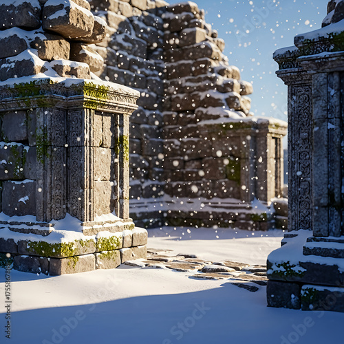Snow Covered Ancient Stone Ruins in Winter