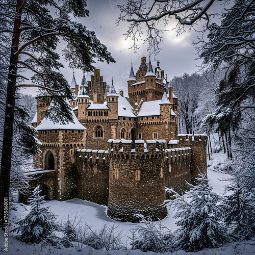Majestic Stone Castle in Snowy Winter Landscape