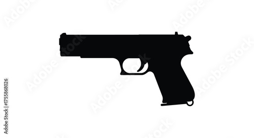 A stark silhouette of a handgun against a plain white background