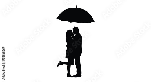 Silhouette of a couple embracing under a protective black umbrella