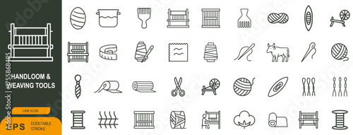 Handloom & Weaving Tools Icon Set – 36 Line Style Symbols for Textile Craft, Looms, and Traditional Fiber Work