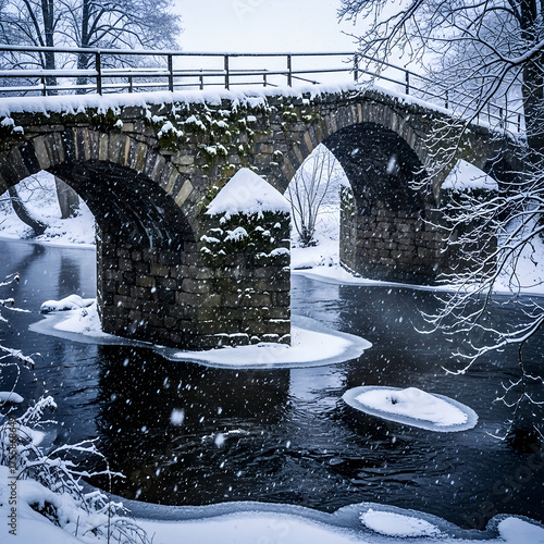 Snowy Stone Arch Bridge Over Icy River in Winter
