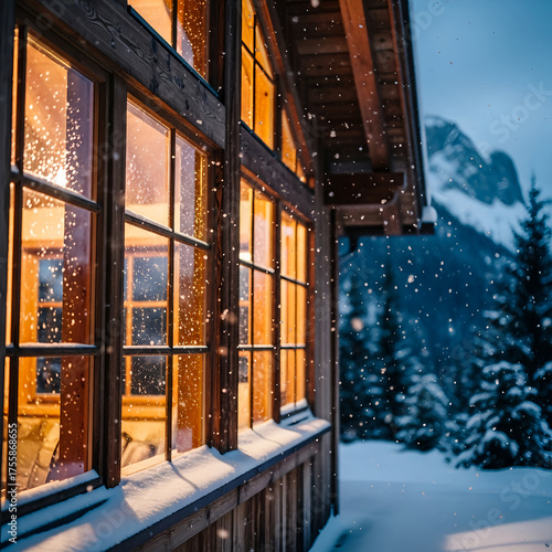 Warm Cabin Lights in Snowy Mountain Landscape