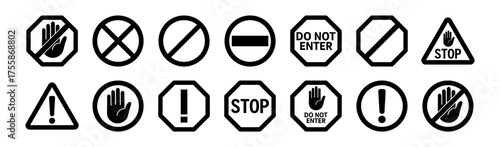 Black stop and warning signs collection vector illustration on transparent background