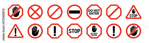 Red stop and warning signs collection vector illustration on transparent background