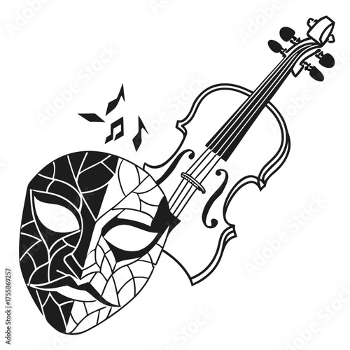 Intriguing mask and violin art evokes mystery and musical passion perfectly
