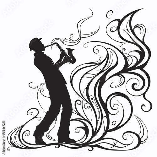 Saxophone player silhouette with artistic floral flourish, smooth vector form