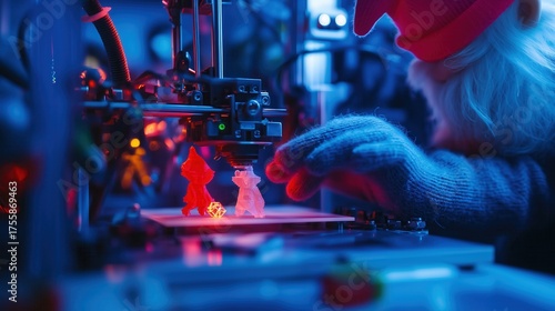3D printing Christmas figures.Close-Up of 3D Printer Creating Christmas Decorations with Santa Claus Figure in Background Representing Modern Technology, Holiday Creativity and Additive Manufacturing