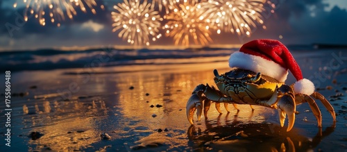 Christmas crab with fireworks.Crab Wearing Santa Hat on Beach with Colorful Fireworks in Night Sky Representing Unique Tropical Christmas Celebration and Festive Coastal Holiday Spirit