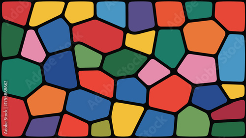 A colorful mosaic pattern with various shapes and colors separated by black lines on a black background