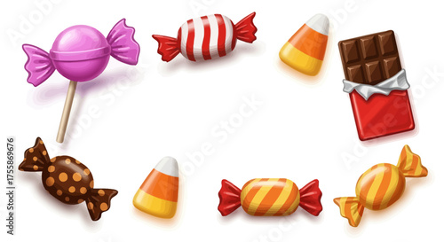 Delicious Halloween candy assortment with vibrant colors and playful designs creating a sweet treat themed background for festive promotions