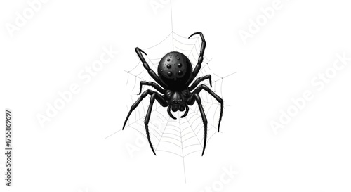 Creepy black widow spider on web for Halloween designs, eerie and spooky arachnid illustration ready to add fright to your projects this season