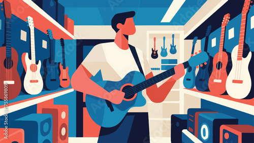 Illustration Of Individual Browsing Musical Instruments In A Music Store, Holding A Guitar Vector Design Template