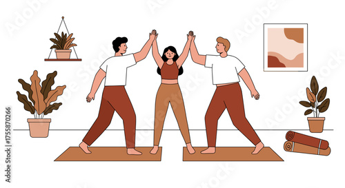 Three people celebrating victory and teamwork in a modern yoga gym