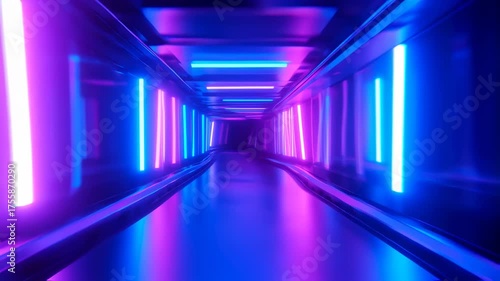 Neon-lit futuristic corridor with purple and blue tones, curving hallway with glowing lines