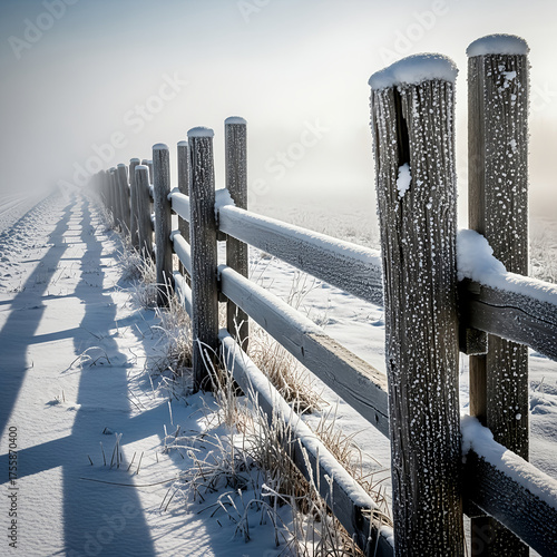 Snowy Wooden Fence in a Foggy Winter Field
