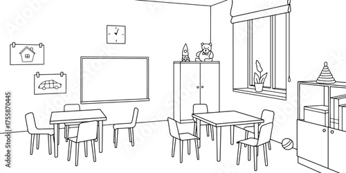 Preschool classroom graphic black white interior sketch illustration vector 