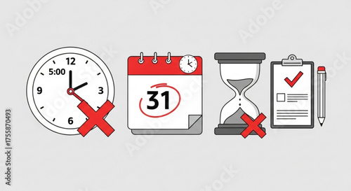 A visual representation of time management challenges, featuring a clock, calendar, hourglass, and checklist, all crossed out