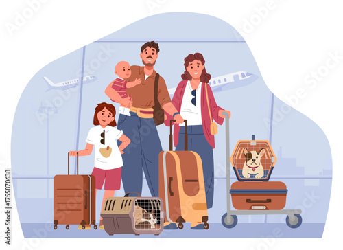 Family traveling with pets flat vector illustration. Parents with children standing in airport terminal with suitcases and pets cat and dog inside carriers.
