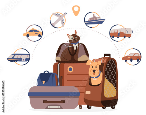 Cat and dog inside pet carriers surrounded with suitcases and different kinds of transport icons flat vector illustration isolated on white. Traveling with pet concept.