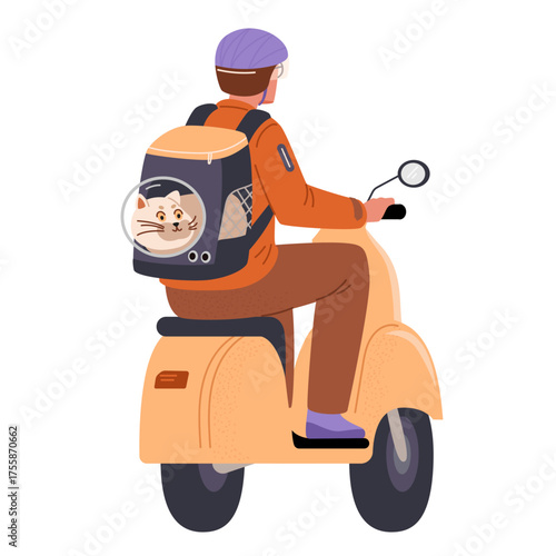Man riding a scooter with his cat sitting in a pet carrier backpack view from the back flat vector illustration isolated on white.