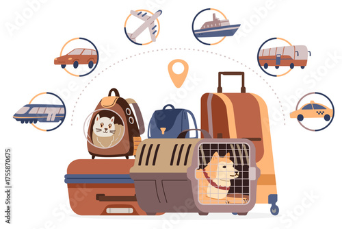 Cat and dog inside pet carriers backpack and cage surrounded with suitcases and different kinds of transport icons flat vector illustration isolated on white. Traveling with pet concept.