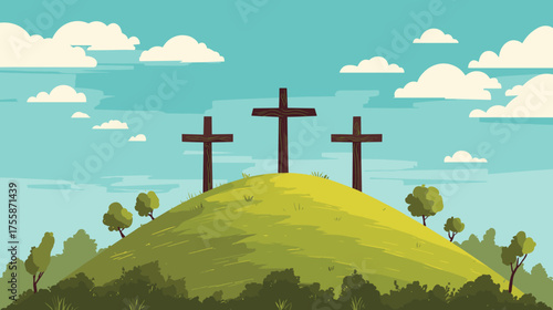 Vector illustration of three crosses on a hill top isolated on a white background