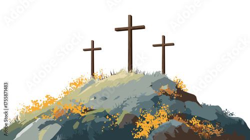 Vector illustration of three crosses on a hill top isolated on a white background