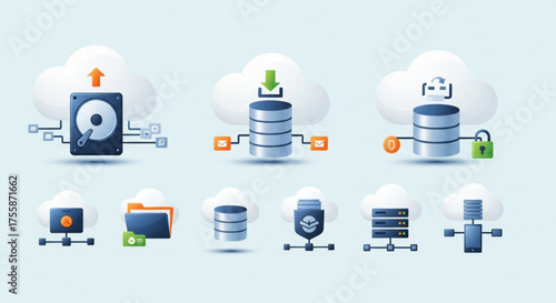 Cloud computing icons representing data storage, security, and network infrastructure