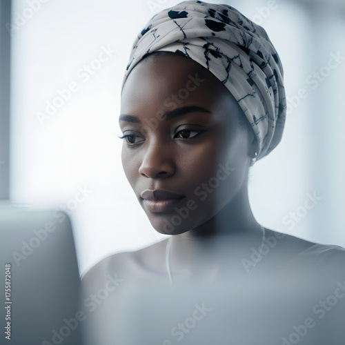
Elegant African woman wearing patterned headwrap portrait with soft focus and serene contemplative expression in natural daylight