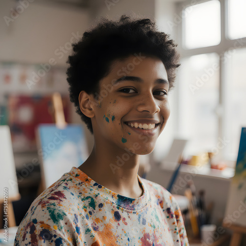 Joyful young Black female artist with paint-splattered colorful shirt smiling happily in bright creative art studio workspace environment