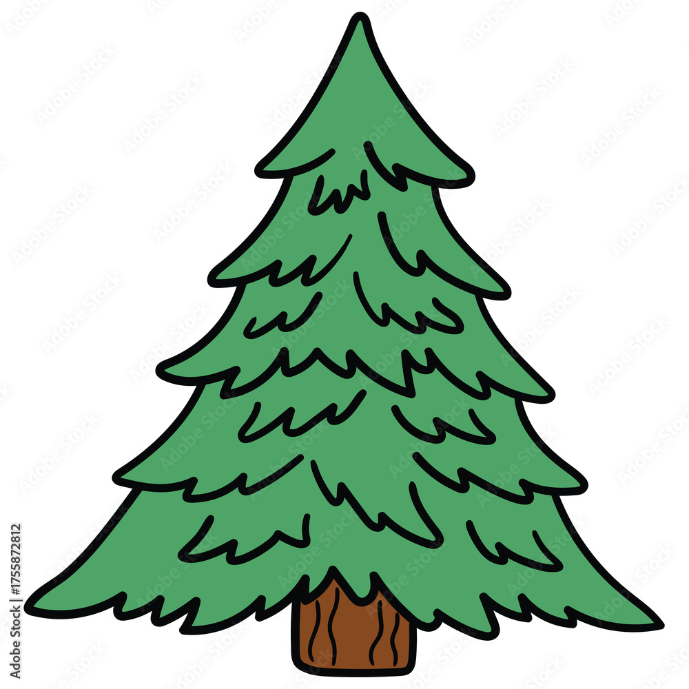 Fototapeta premium Hand-drawn cartoon evergreen fir tree on a white background.