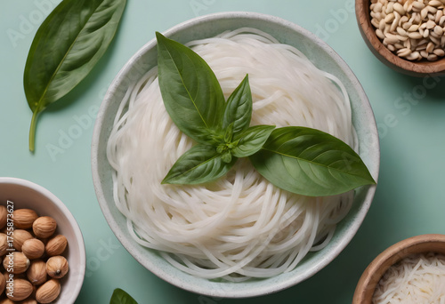 Funchoza salad with fresh leaf on a plate top view web banner
