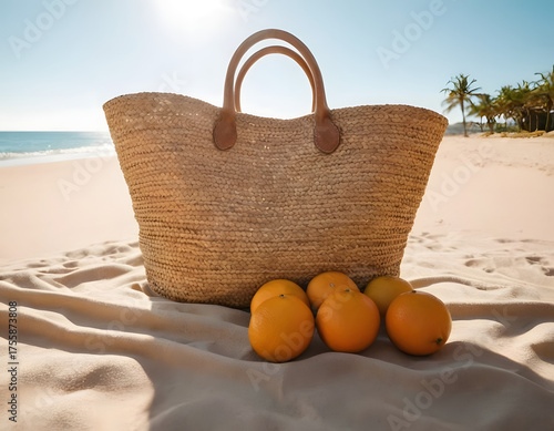 Straw hat, sunglasses, towel, bag on beach sand background. Summer vacation concept