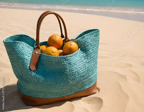 Straw hat, sunglasses, towel, bag on beach sand background. Summer vacation concept