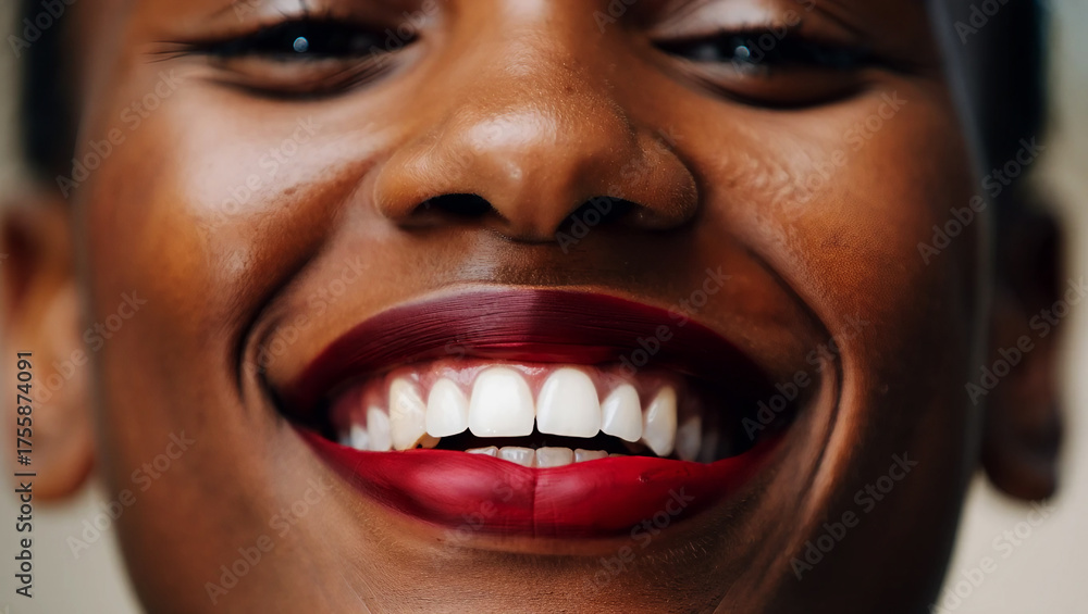 Fototapeta premium Close up of a woman's joyful expression with dark red lipstick face smile