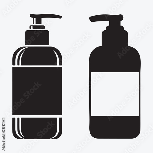 Vector art of two black silhouette soap dispenser bottles with blank labels, one solid black and the other with a white label, isolated on a silhouette art design