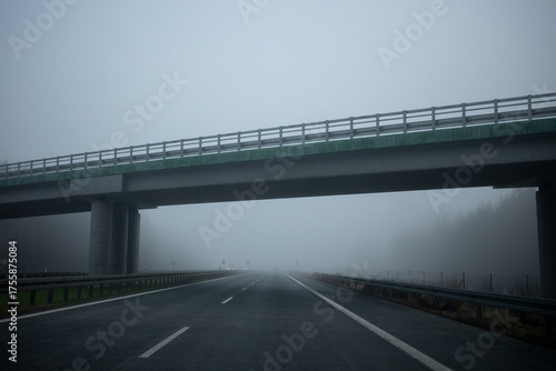 Driving in foggy weather on the highway. Driving in autumn and winter weather.