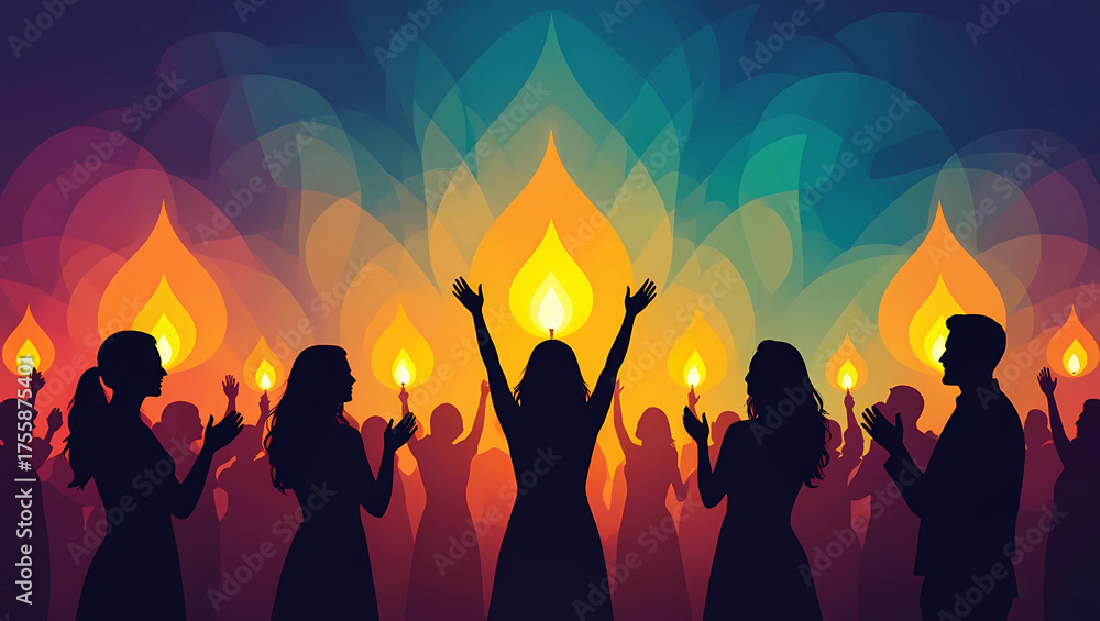 Fototapeta premium Infrared thermal imaging of human figures forming glowing diya patterns symbolizing invisible festival illumination