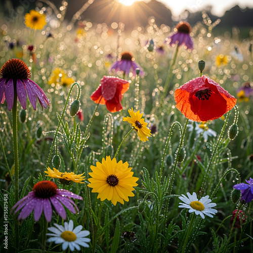 Colorful Wildflower Field with Dew Drops at Sunrise Featuring Purple Coneflowers Red Poppies Yellow Daisies and Lush Green Grass in Warm Sunlight