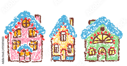 Christmas funny space area with cute houses. Crayon, pastel chalk or pencil like kids hand drawn sketch doodle style. Holiday gingerbread house or hut. Cartoon flat scribble sketch art scene vector
