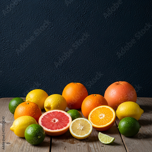 Assorted Fresh Citrus Fruits Displayed on Rustic Wood Table Against Dark Background Featuring Lemons Limes Oranges and Grapefruit for Healthy Eating