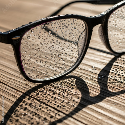 Close up of Wet Glasses with Water Drops on Wooden Table Reflecting Sunlight and Shadows Creating Abstract Pattern