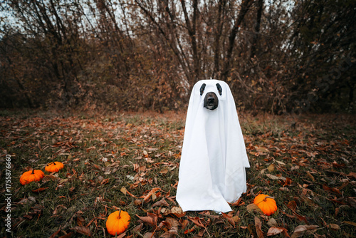Quadro em tela A dog dressed as a ghost in a gloomy autumn forest with pumpkins