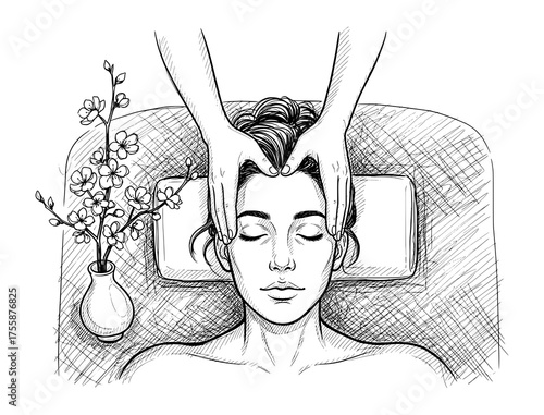 Woman Receiving Facial Massage in Hand-Drawn Sketch Style. Vector Illustration for Relaxation and Wellness.