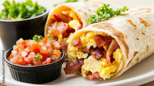 A delicious breakfast burrito filled with scrambled eggs, bacon, and served with fresh salsa and greens.