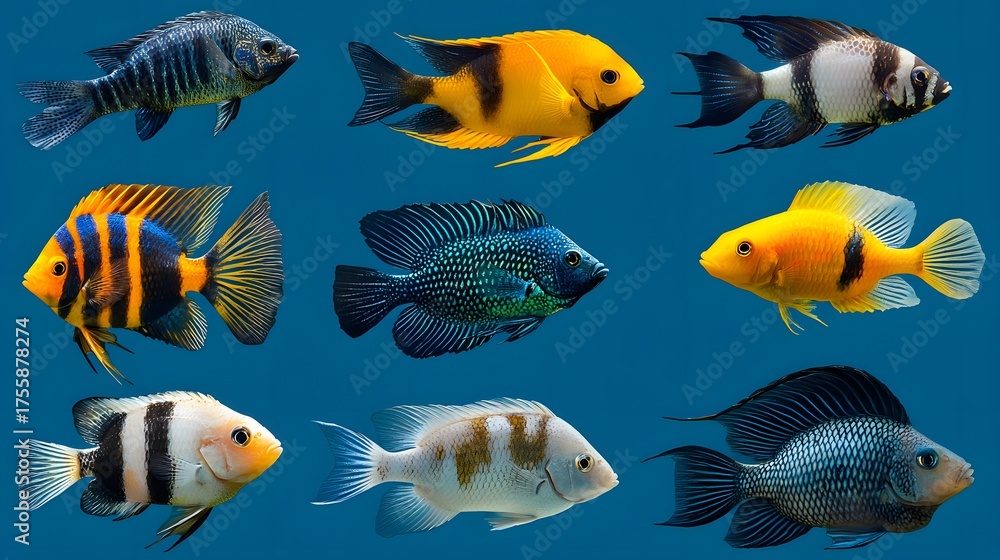 Fototapeta premium Colorful Tropical Fish Swimming in Aquatic Blue Background Display